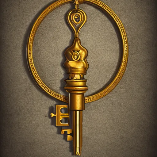 Image similar to medium shot, golden key, fantasy illustration, medieval era, blank background, studio lighting, hand - drawn digital art, 4 k, trending on artstation