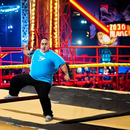 Prompt: Gabriel Iglesias competing on American Ninja Warrior, sports photography