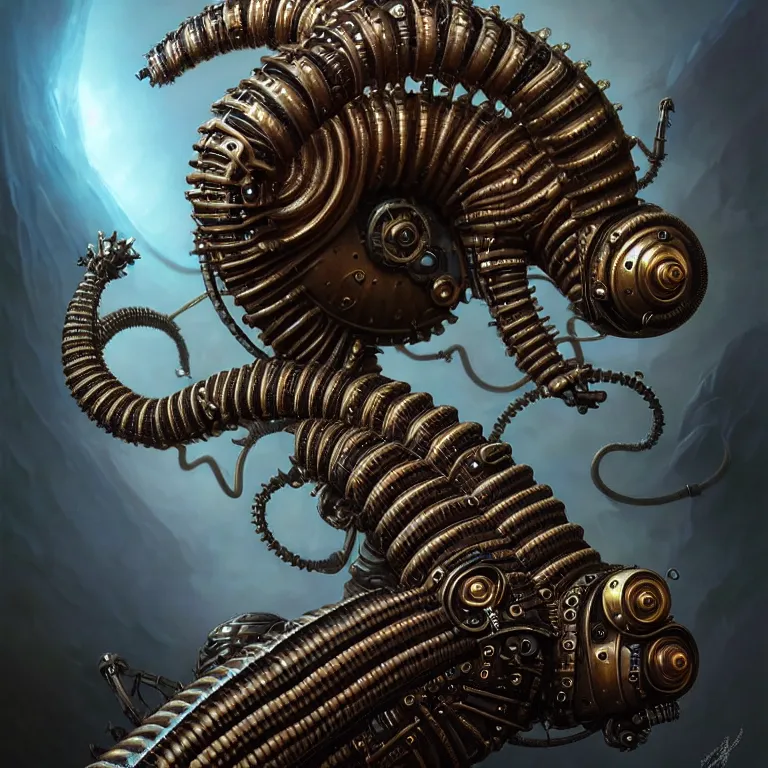 Image similar to steampunk robot millipede, unreal engine realistic render, 8 k, micro detail, intricate, elegant, highly detailed, centered, digital painting, artstation, smooth, sharp focus, illustration, artgerm, tomasz alen kopera, peter mohrbacher, donato giancola, joseph christian leyendecker, wlop, boris vallejo