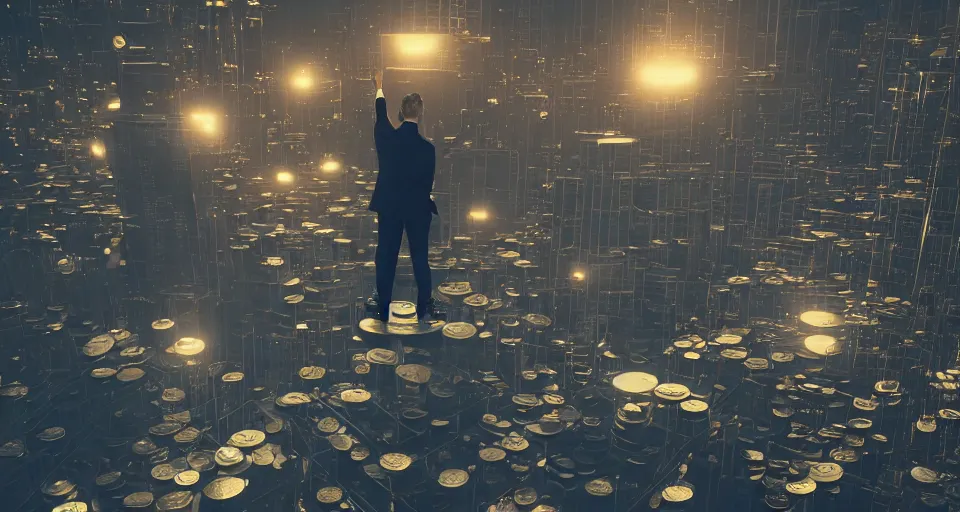 Image similar to Dramatic photo of a man in a suit waving to a large group of people in a futuristic office. Golden coins are levitating all around them. 8k, high detail, trending on Artstation, volumetric lighting, cyberpunk