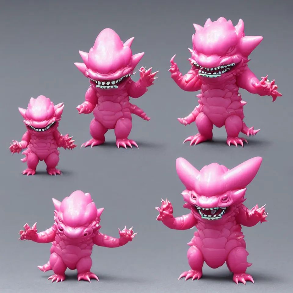 Prompt: small cute chibi stylized kaiju japanese sofubi, glossy, soild pink mold, smooth texture, promo shot