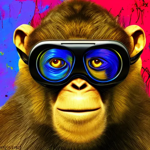 Prompt: portrait of a monkey with vr glasses, paint splattered, high detailed, painting, concept art, trending on art station, digital arg, 4 k