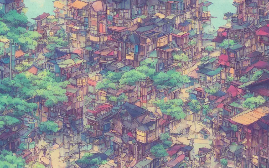 Image similar to a japanese city near the sea, lofi, dreamy, moody, very colorful, anime inspiration, ghibli vibe