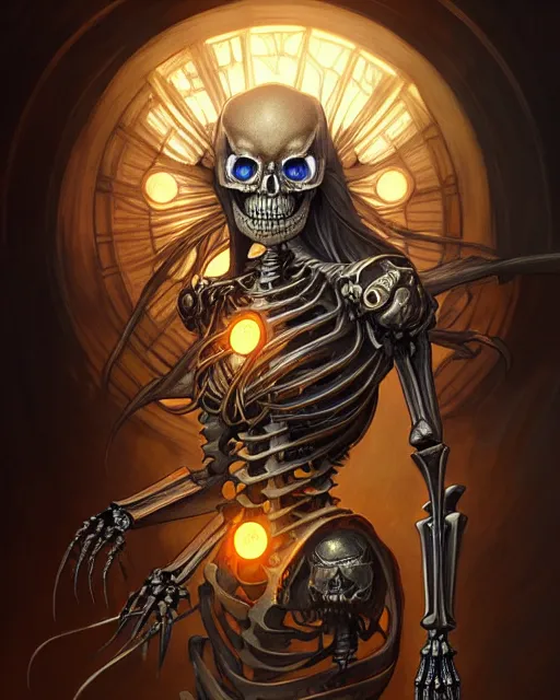 Prompt: an armored skeleton with glowing magical eyes, fantasy character portrait, ultra realistic, intricate, elegant, highly detailed, digital painting, artstaion, smooth, sharp, focus, illustration, art by artgerm and greg rutkowski and alphonse mucha