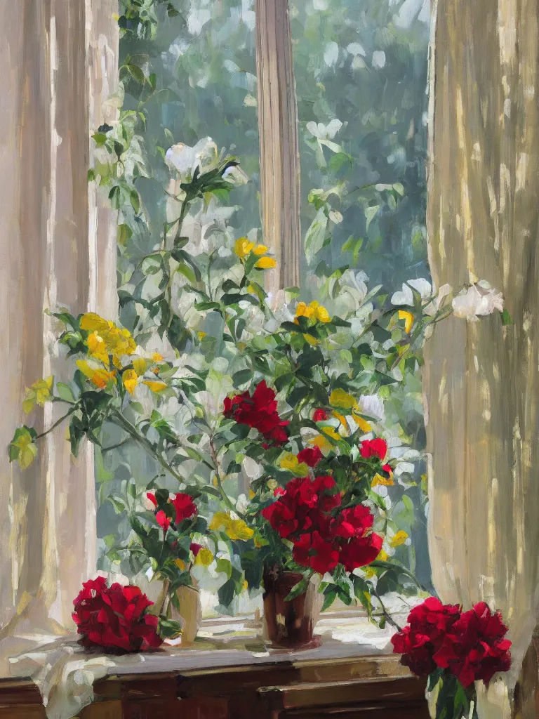 Image similar to gorgeous flowers by Ben aronson, oil on canvas, morning, window with art nouveau curtains