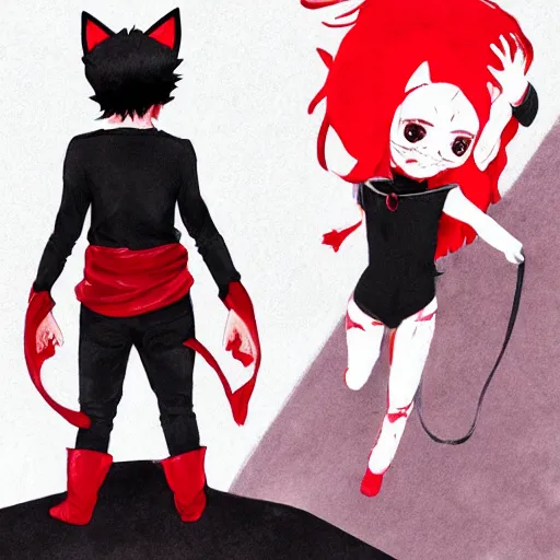 Image similar to little boy with cat ears in an black latex suit with red cape. digital artwork made by lois van baarle and kentaro miura, sharpness focus, inspired by hirohiko araki, anatomically correct, heroic composition, hero pose