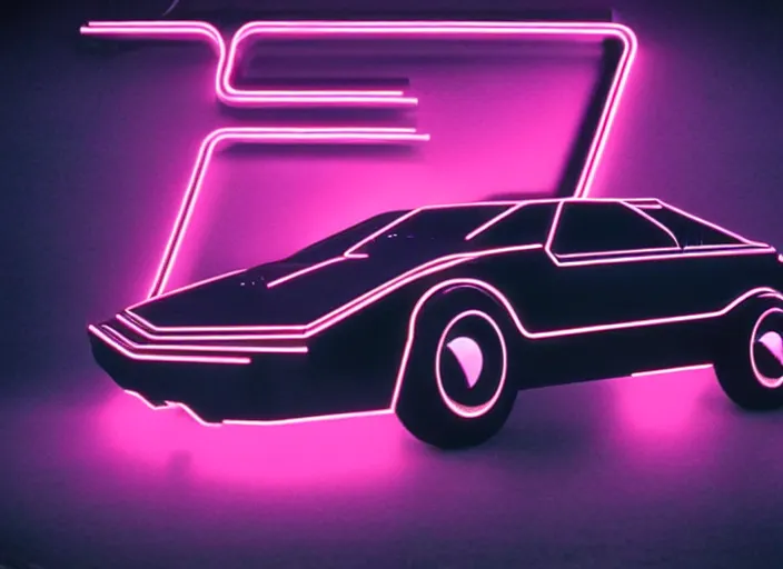 Prompt: knight rider, 1 9 8 2, futuristic style, soft neon, palm, synthwave, technology, shit, daft punk