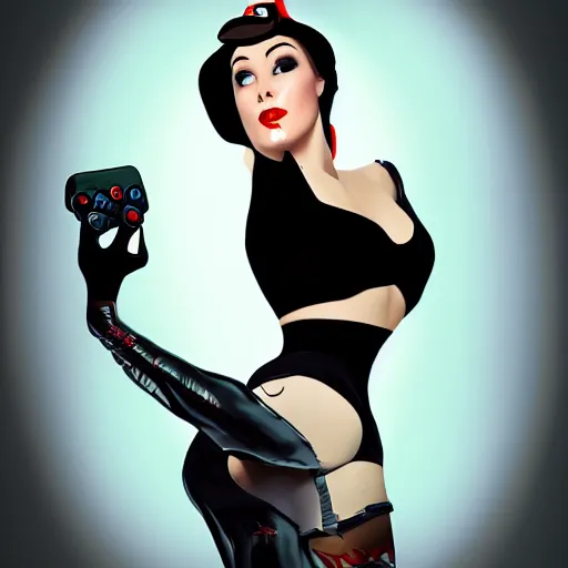 Image similar to a pin up woman playing a videogame, front view, digital art, photoshop, dark lighting, couch