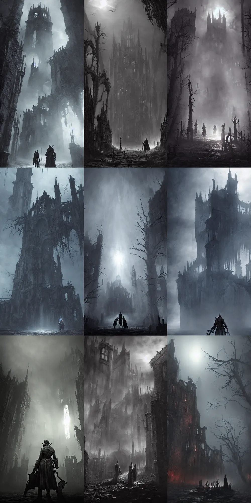 Prompt: bloodborne and silent hill, castle ruins, volumetric fog, god rays, shadowy figures lurking, stark lighting, by Brom, artstation.