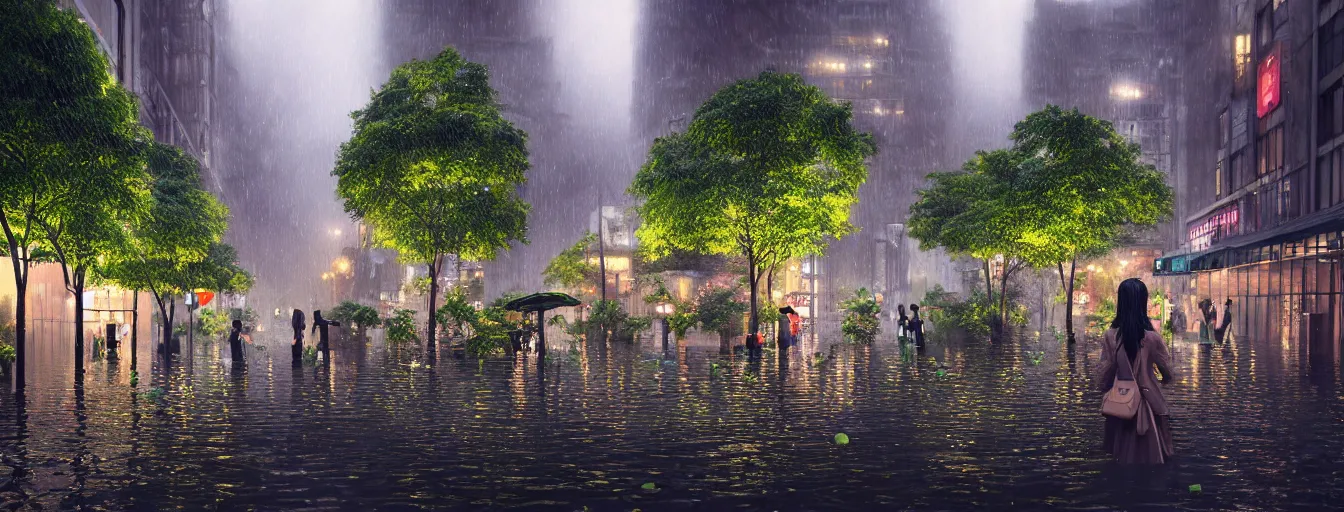 Prompt: raining night at flooded miniature new york city, emotion is on the rise on the town, cute style garden, octane render, trees, evergreen, patio, garden, wet atmosphere, tender, soft light misty yoshitaka amano, and artgerm, pixel art