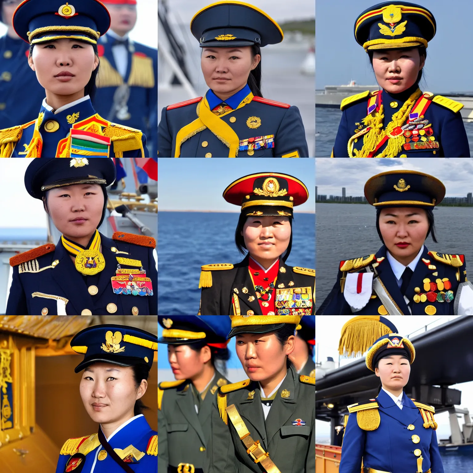 Prompt: A female Mongolian Navy captain, on the bridge of a warship, wearing full dress uniform and medals