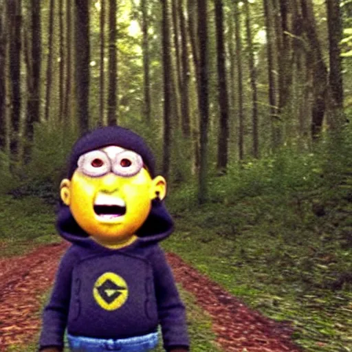 Image similar to bad quality screenshot of a leaked video of a small person dressed as gru from the minions following me through a forest trail, night time, bright camera flash, camera shaking, realistic, ultrarealistic, 4 8 0 p, scary