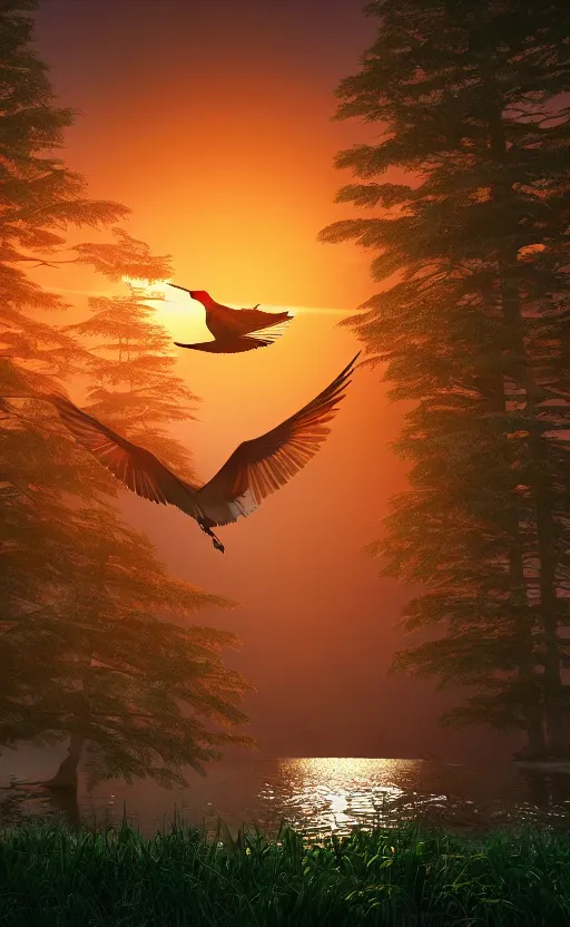 Prompt: made in blender, a huge japanese crane bird is chilling above a lake in the middle of a forest of japanese pines, a big red sun in the background, front game card, realistic rendering, high details, trending on behance, 8k, stunning, volumetric lights