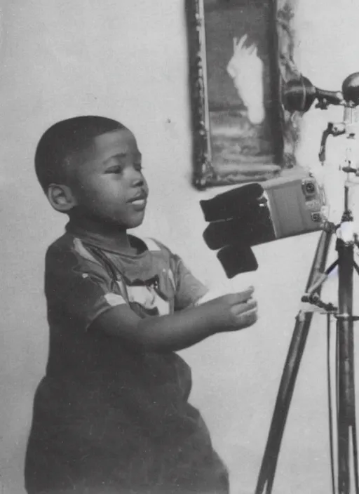 Prompt: old photo of a young boy recording a video of his cat for TikTok