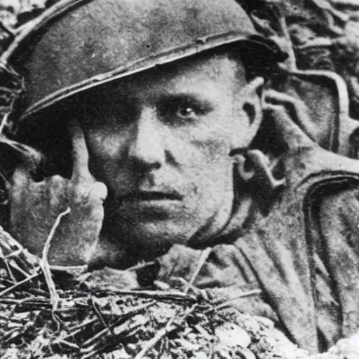 Image similar to a german world war 1 soldier in a trench staring at the camera, there are dead corpses around him, taken by a world war 1 camera.