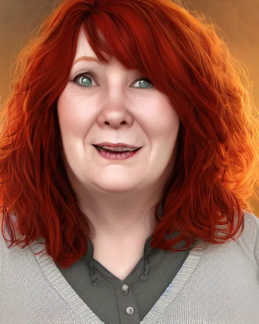 Image similar to portrait of happy short and plump 5 0 - year - old woman with red hair and, kind face, round face, short hair, molly weasley, wearing in cardigan, hyper realistic face, beautiful eyes, character art, art by mark brooks, hyperdetailed, cryengine, trending on artstation, digital art