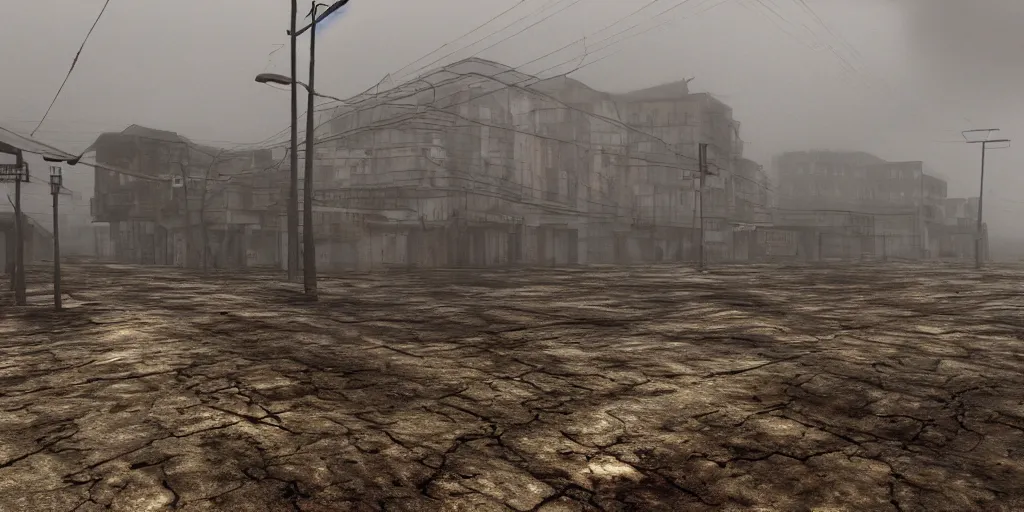 Image similar to wide angle shot of dilapidated silent hill in real life, desolate town, empty streets, nightmarish, some rusted retro futuristic parked cars, overcast, blankets of fog pockets, rain, volumetric lighting, beautiful, daytime, autumn, sharp focus, ultra detailed, cgsociety