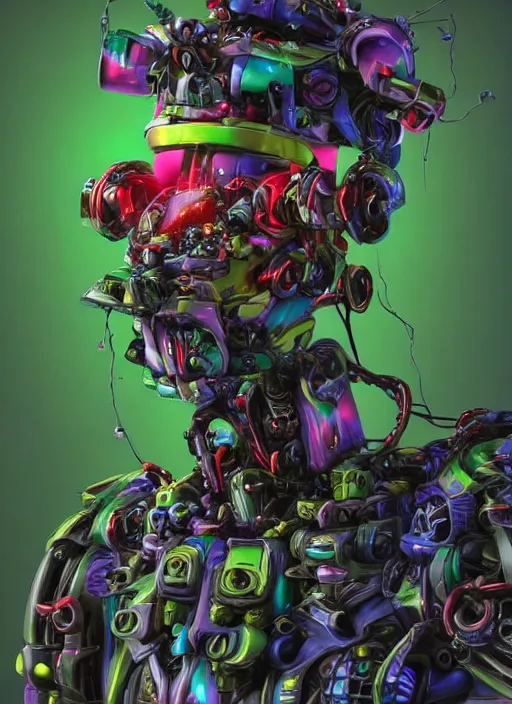 Image similar to colourful - 3 d vfx art - portrait of a mecha robot wearing a baseball cap with vines & flowers growing from inside, art style by tenmyouya hisashi, concept art, unreal engine render, digital illustration, claymation, sharp, intricate detail, volumetric light, ray tracing, soft light, symmetric, pinterest, artstation, behance,