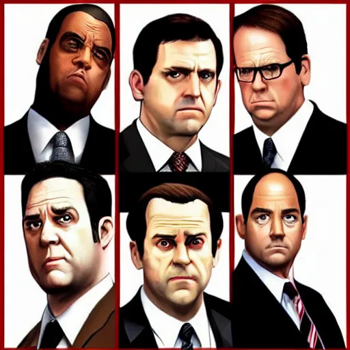 Prompt: the cast of tv show the office in the style of a grand theft auto game cover, high resolution