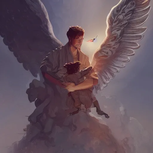 Image similar to angel protecting man, detailed intricate ink illustration, happy atmosphere, detailed illustration, hd, 4k, digital art, overdetailed art, by greg rutkowski, by loish, complementing colors, Trending on artstation, movie poster style, vector art style, Ghibli studio, blender render, studio light