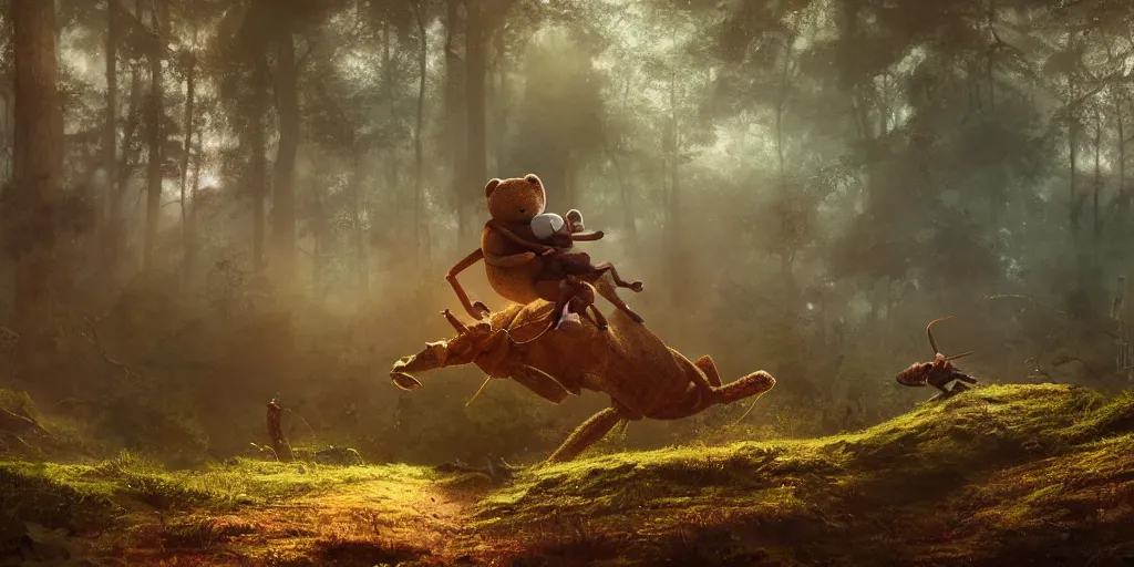 Prompt: a giant ant is riding a giant teddy bear in a forest, moody, cinematic light, matte painting, concept art, highly detailed, fantasy art, 8k