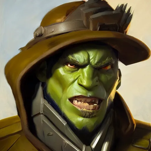 Image similar to greg manchess close - up portrait painting of a handsome older male dieselpunk orc with olive green skin as an overwatch character, medium shot, asymmetrical, profile picture, organic painting, sunny day, matte painting, bold shapes, hard edges, street art, trending on artstation, by huang guangjian and gil elvgren and sachin teng