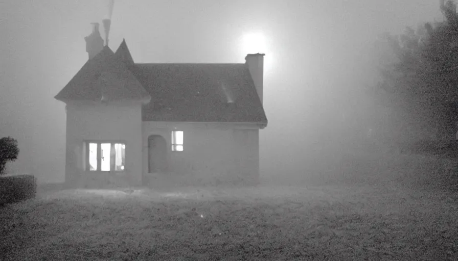 Image similar to mini dv camera found footage of a heavy burning french style little house by night, rain, foggy, in a small northern french village, by sony mini dv camera, heavy grain, low quality, high detail, dramatic light, anamorphic, flares