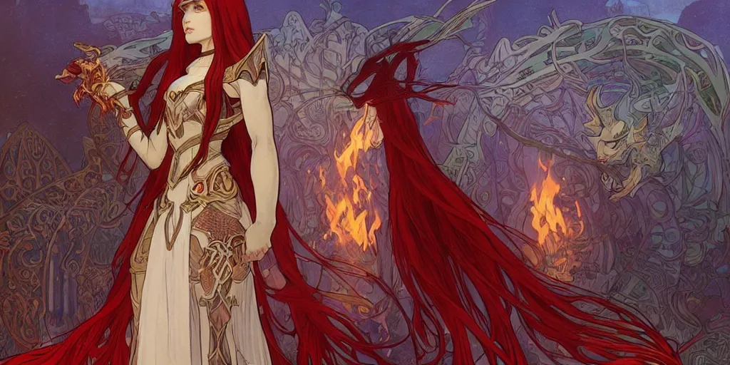Image similar to a female elven cleric with red long hair in a very good beautiful scale armor, wearing a cape, casting a fire spell in a shape of a dragon, dungeon background, magical, bright, colorful, fantastic lighting, amazing details, 4 k uhd, illustration by alphonse mucha and makoto shinkai and ilya kuvshinov, artstation, pixiv,