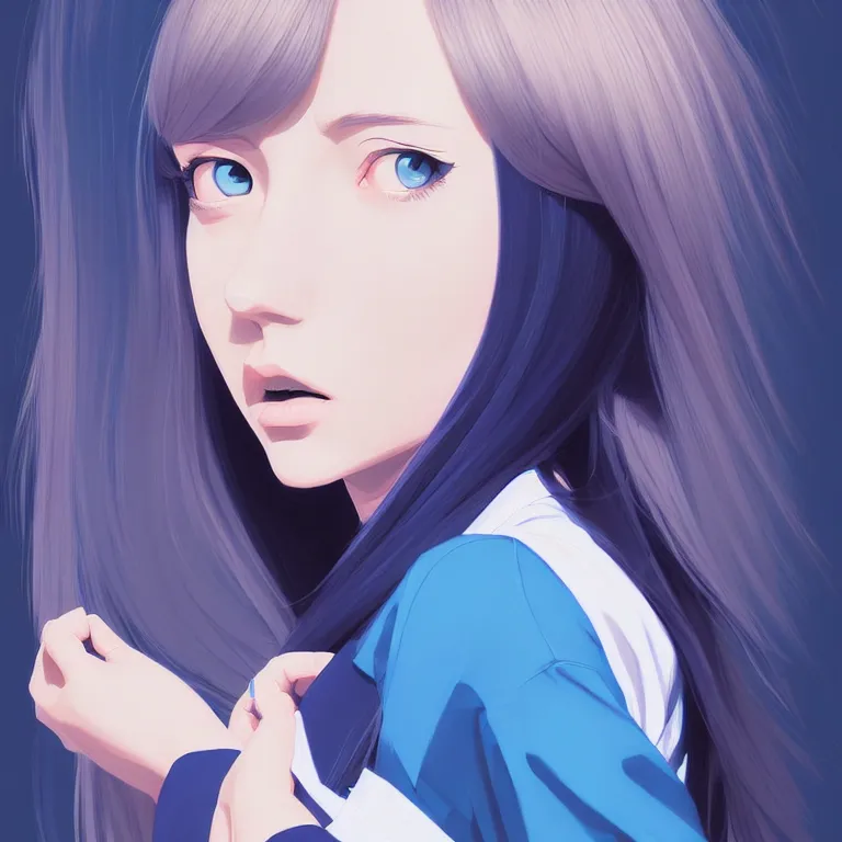 Image similar to urban high school girl in shirt fanart, dark blue long hair, muted colors, matte print, pastel colors, ornate, digital art, digital painting, fan art, elegant, artstation, by Ilya Kuvshinov