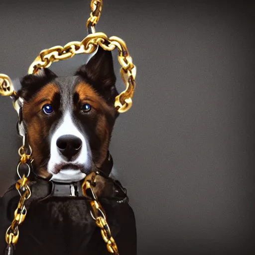 Image similar to gangster courage dog, hd, scary, chains in neck, handgun, explosion behind, dark, smooth, fine,