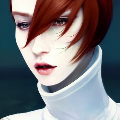 Image similar to beautiful pale vampire with auburn hair in a white turtleneck dress, on a super yacht, by guweiz and wlop and ilya kuvshinov and and moebius and bilal and artgerm, symmetrical eyes, aesthetic, gorgeous, stunning, alluring, attractive, half body portrait, artstation, deviantart, pinterest, digital art