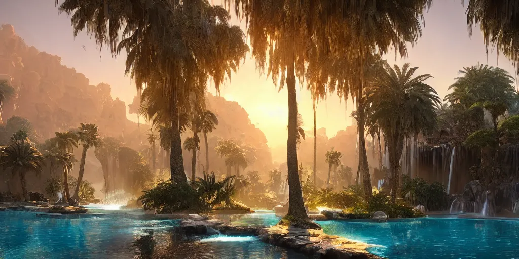 Image similar to beautiful oasis waterfalls surrounded by palm trees moroccan tile archways, date trees, ivory towers sunset peter morbacher ross tran angelarium greg rutkowski alchemy luxury heavenly light soft illumination, trending on artstation cinematic lighting digital painting octane render, artgerm