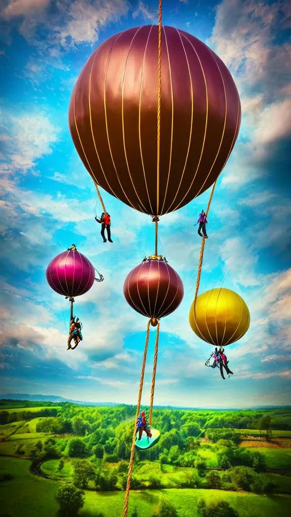 Prompt: large colorful futuristic steampunk balloons with people on rope swings underneath, flying high over the beautiful countryside landscape, professional photography, 8 0 mm telephoto lens, realistic, detailed, digital art, unreal engine