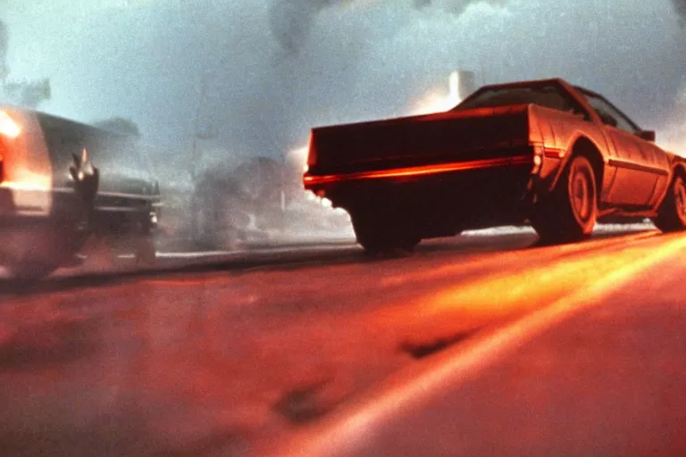 Prompt: movie still from terminator 1 9 8 0 s kinetic high - speed car chase night time thunderstorm