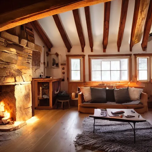 Image similar to cozy cottage interior, dramatic lighting, photograph