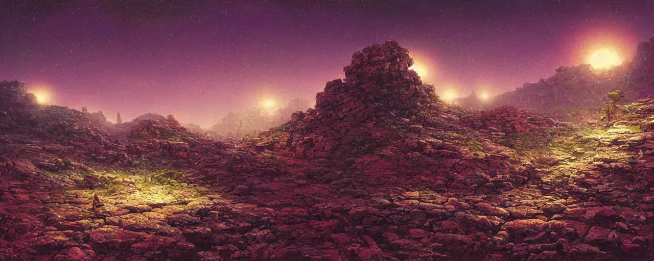 Image similar to ” barren rocky landscape at night, [ cinematic, detailed, epic, widescreen, opening, establishing, mattepainting, photorealistic, realistic textures, octane render, art by paul lehr ] ”