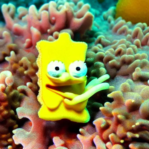 Image similar to High detailed shot of a Sponge that looks exactly like Spongebob found along a coral reef