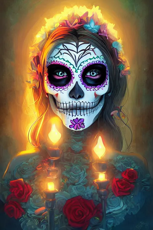 Image similar to illustration of a sugar skull day of the dead girl, art by jordan grimmer