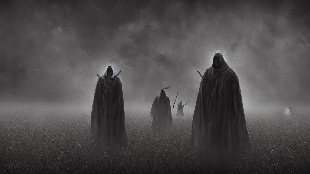 Prompt: grim reaper in a field of skulls, dark, night, foggy, scary, eerie, digital art.