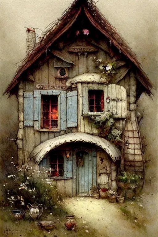 Image similar to (((((1950s fairy tale gypsy cottage . muted colors.))))) by Jean-Baptiste Monge !!!!!!!!!!!!!!!!!!!!!!!!!!!