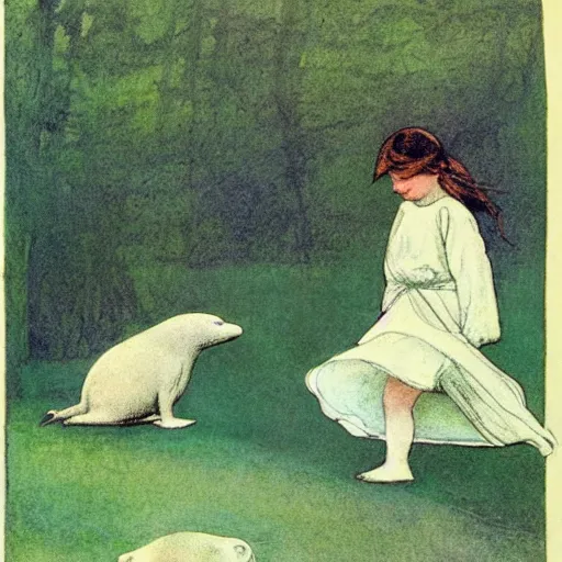 Prompt: an illustration of a little girl and a white seal wandering the Mesozoic Era in the style of Jessie Willcox Smith, green flora forest, monochromatic, nature, 1908