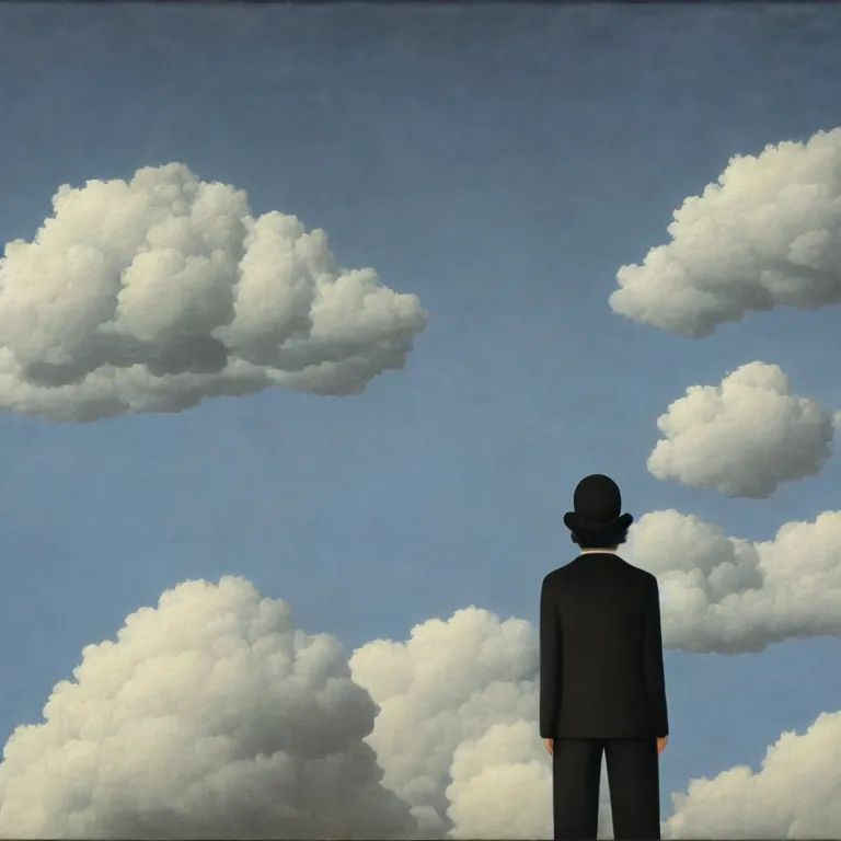 Image similar to cloud - man, by rene magritte, centered, detailed painting, hd, hq, high resolution, high detail, 4 k, 8 k