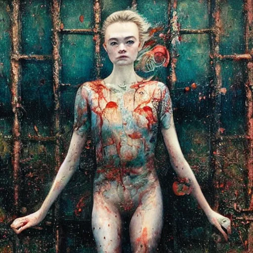 Prompt: realistic detailed image of elle fanning in a soviet prison, by francis bacon, by ayami kojima, amano, karol bak, neo - gothic, gothic, rich deep colors. beksinski painting, from a movie by david cronenberg. art by takato yamamoto. masterpiece. high quality, ultra detailed