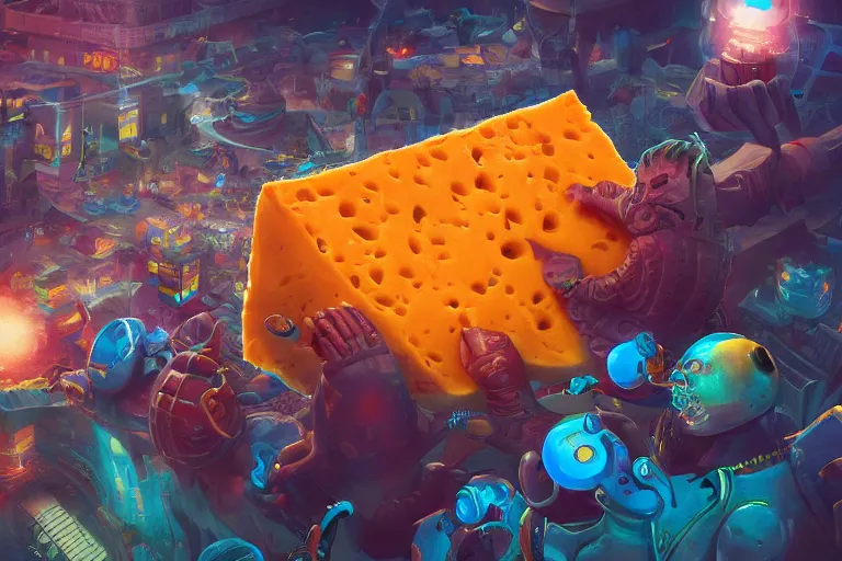 Image similar to the interdimensional lord of cheese saves humanity, detailed, intricate, colorful lighting, trending of artstation, 4 k, hyperrealistic, focused, extreme details, cinematic, masterpiece