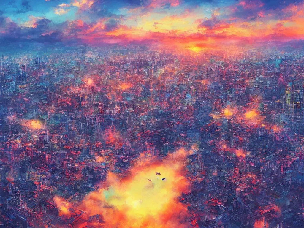 Image similar to birdseye view of a colorful sunrise over city surrounded by clouds, art by yoshitaka amano and alena aenami, cg society, cityscape