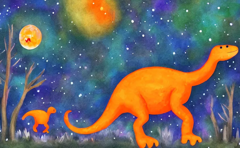 Image similar to a friendly orange dinosaur walking in the forest at night, moon, stars, water color, digital art