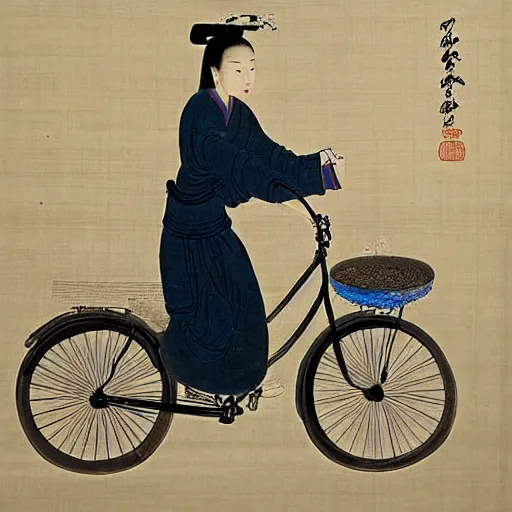 Prompt: the Chinese ancient painting of a lady riding a bicycle in Tang Dynasty , by Han Xizai