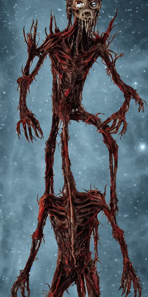 Prompt: photorealistic ultra detailed tall skinny humanoid creature with decomposed skin with fur and blood dripping, the woods, night, extremly detailed, 8 k, realistic, sharp focus, cosmic horror creature, cosmic horror, from the movie the thing, mysterious creature, bloody eyes