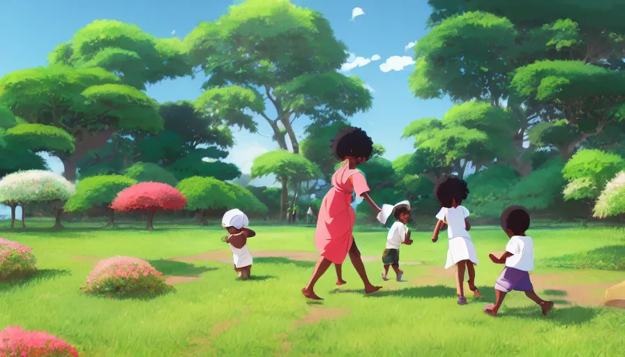 Prompt: african toddlers and white toddlers playing together city park with flowers, artstation, elegant, highly detailed, digital painting, concept art, smooth, sharp focus, illustration, art by studio ghibli, fujita goro, atey ghailan, tom whalen, jean giraud 8 k