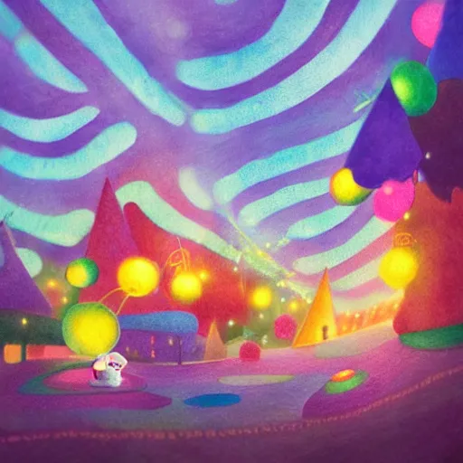 Prompt: a matte digital painting of candyland at night, bokeh, bright colours, watercolor, volumetric crayon felting, macro photography, children illustration, by goro fujita